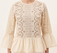 Women Beige Schiffli Embroidered Peplum Top with Flared Sleeves