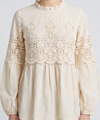 Women Cream Embroidered High Neck Regular Fit Top