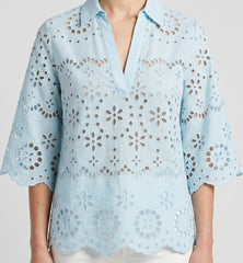 Women's Sky Blue Schiffli Embroidered Cotton Top