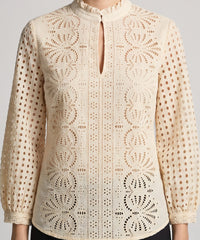 Women's Beige Schifley Embroidered Cotton V Neck Top