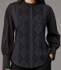 Women's Black Schiffli Embroidered Cotton Shirt