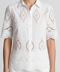 Women White Schiffli Embroidered Cotton Shirt with Scalloped