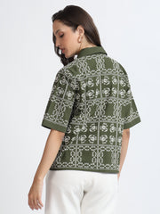 Women Olive Green Embroidered Short Sleeve Shirt