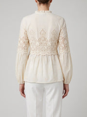 Women Cream Embroidered High Neck Regular Fit Top