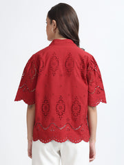 Women Red Schiffli Embroidery Short Sleeve Shirt