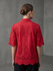 Women's Red Schifley Embroidered Cotton Half Sleeve Shirt