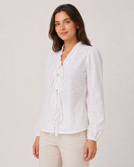 White Embroidered Tie-Up Crop Top with Ruffle Neck