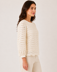 Cream Schiffli Embroidered Top with Puff Sleeves