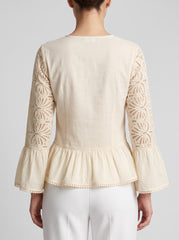 Women Beige Schiffli Embroidered Peplum Top with Flared Sleeves
