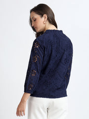 Women Navy Blue Schiffli Embroidery Notch Neck Top