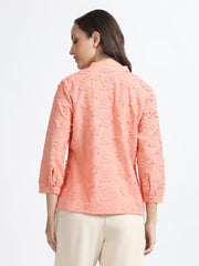 Women Peach Textured Embroidery 3/4 Sleeve Shirt