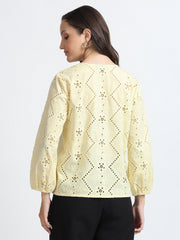 Women Light Yellow Schiffli Embroidery Balloon Sleeve Shirt