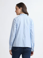 Women Sky Blue Lace Detail Ruffle Neck Shirt