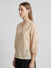 Women's Beige Schiffli Embroidered Cotton Top