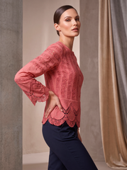 Dusty Pink Embroidered Lace Crop Top with Bell Sleeves