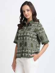 Women Olive Green Embroidered Short Sleeve Shirt