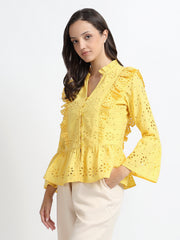 Women Yellow Schiffli Embroidery Peplum Top