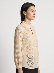 Women's Beige Schifley Embroidered Cotton V Neck Top
