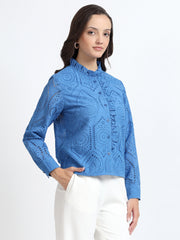 Women Blue Schiffli Embroidery Ruffle Neck Shirt