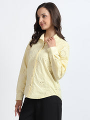 Women Light Yellow Floral Embroidered Full Sleeve Shirt