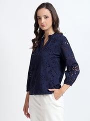 Women Navy Blue Schiffli Embroidery Notch Neck Top