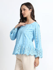 Women Sky Blue Schiffli Embroidery Peplum Top