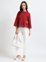 Women Red Schiffli Embroidery Peplum Top