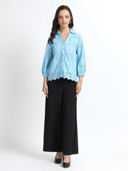Women Sky Blue Schiffli Embroidery Balloon Sleeve Shirt