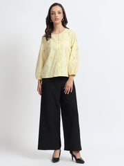 Women Light Yellow Schiffli Embroidery Balloon Sleeve Shirt