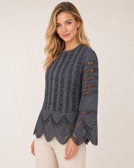 Charcoal Grey Embroidered Lace Crop Top with Bell Sleeves