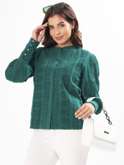 Dark Green Lace Embroidered Cotton Shirt