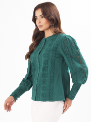 Dark Green Lace Embroidered Cotton Shirt