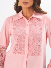 Pink Schiffli Lace Yoke Embroidered Cotton Silk Shirt