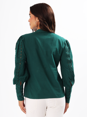 Dark Green Lace Embroidered Cotton Shirt