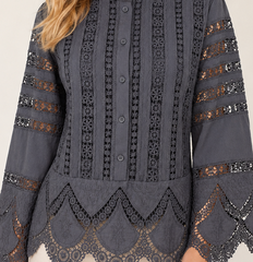 Charcoal Grey Embroidered Lace Crop Top with Bell Sleeves