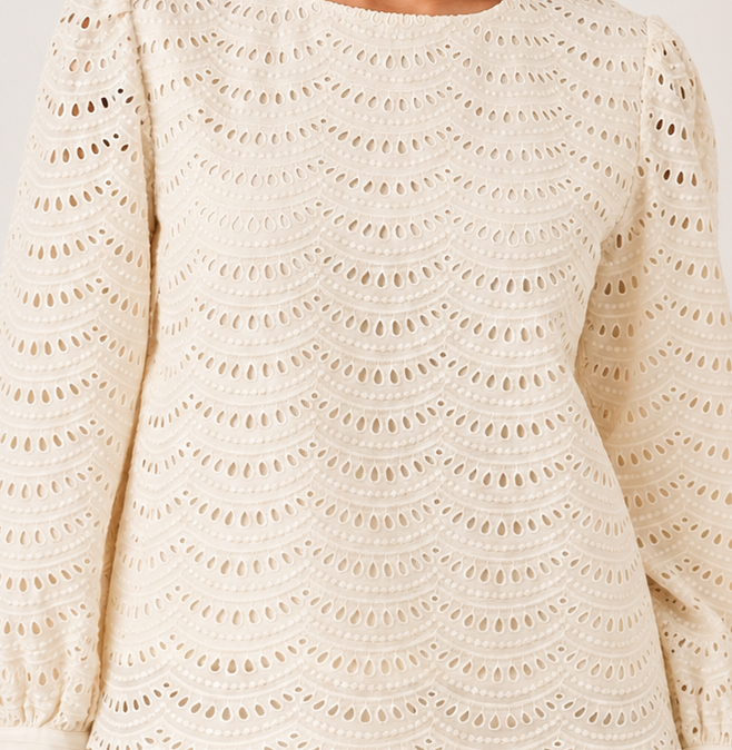 Cream Schiffli Embroidered Top with Puff Sleeves