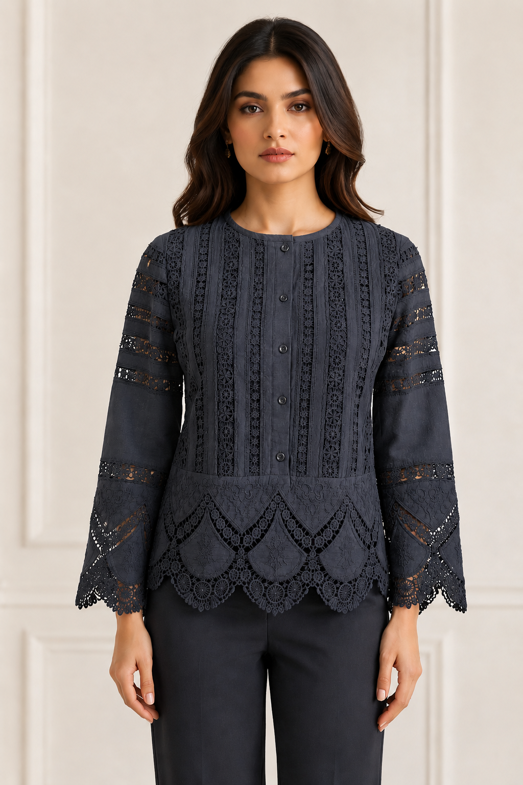 Women Black Embroidered Lace Panel Top