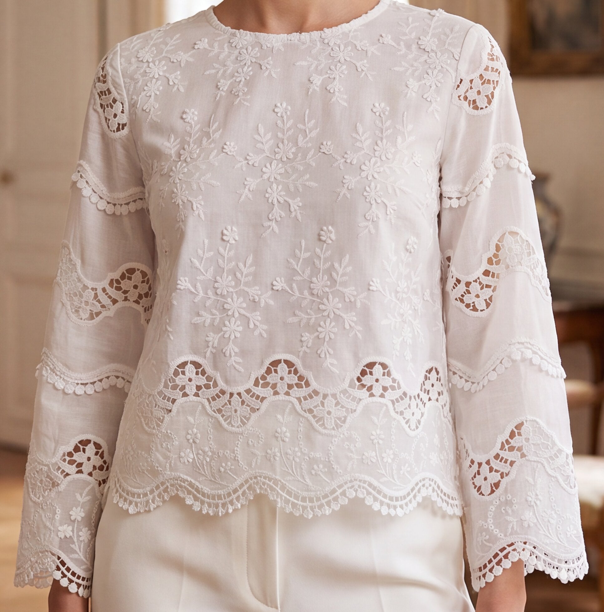 Women 3D White Floral Embroidered Cotton Top