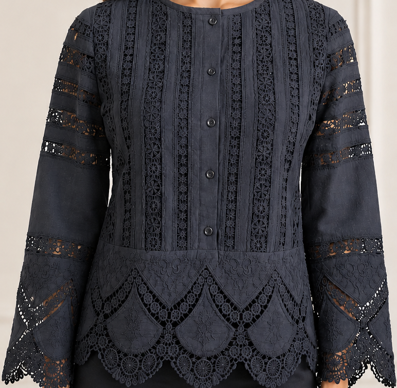 Women Black Embroidered Lace Panel Top