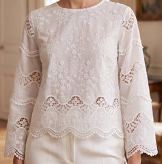 Women 3D White Floral Embroidered Cotton Top