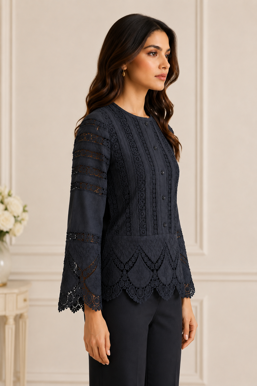 Women Black Embroidered Lace Panel Top