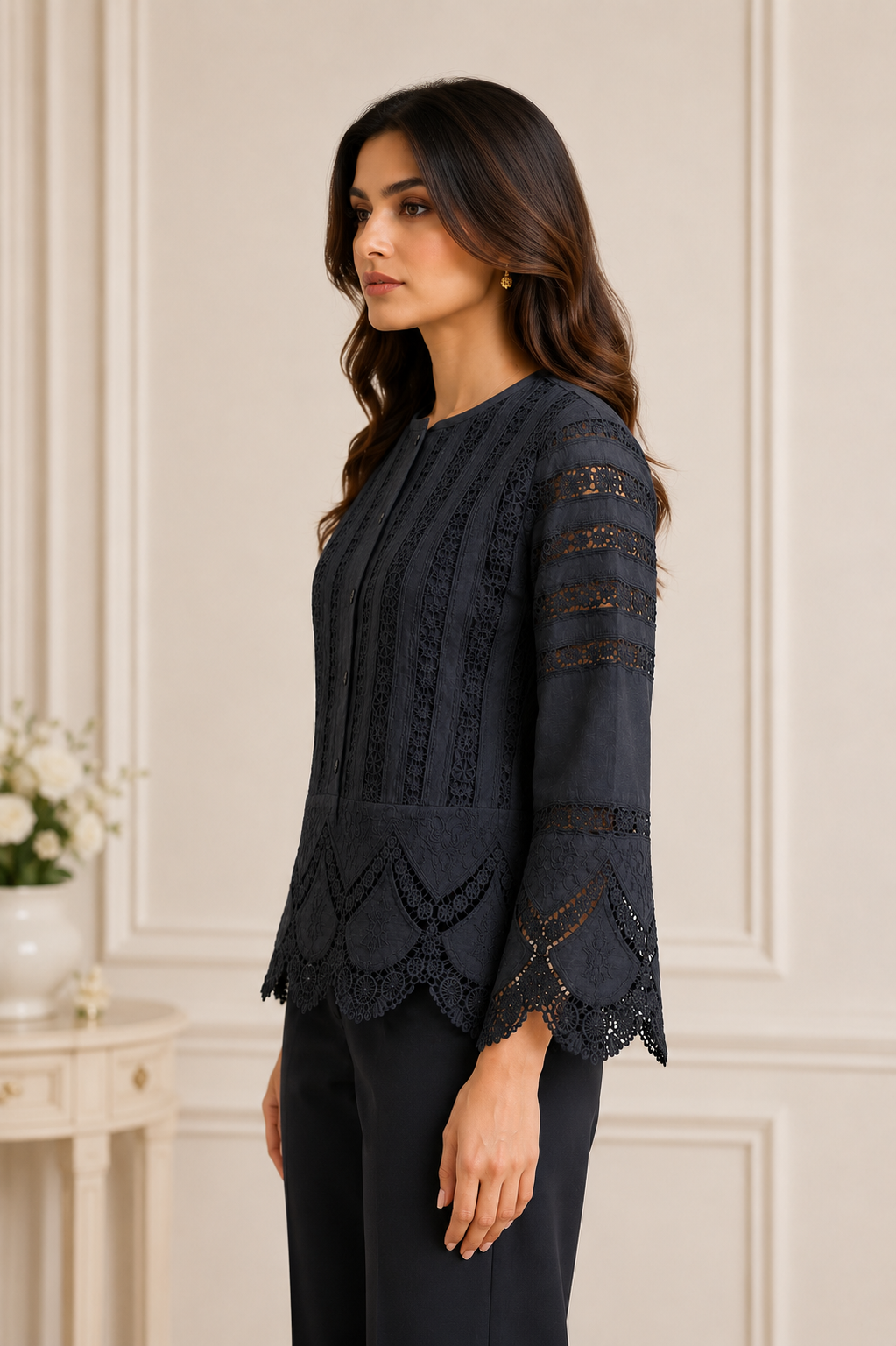 Women Black Embroidered Lace Panel Top