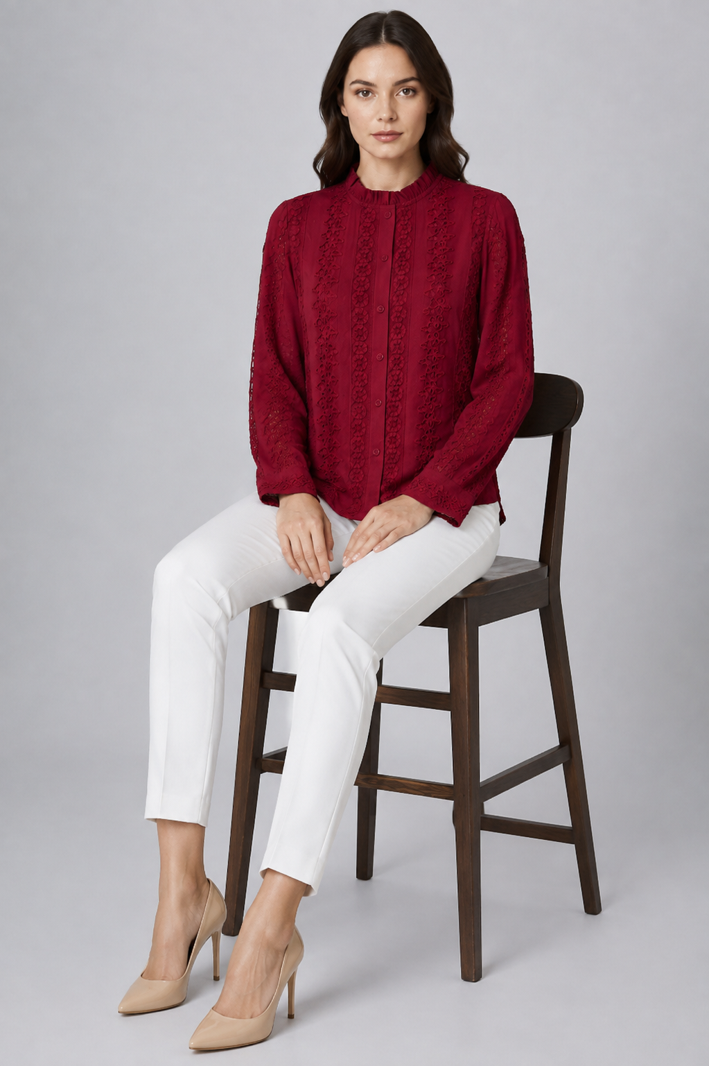 Women Maroon Embroidered Full sleeves Shirt