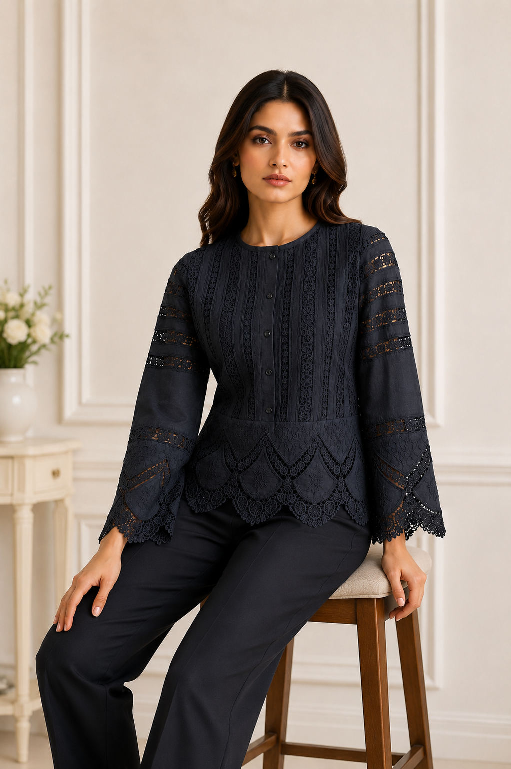 Women Black Embroidered Lace Panel Top