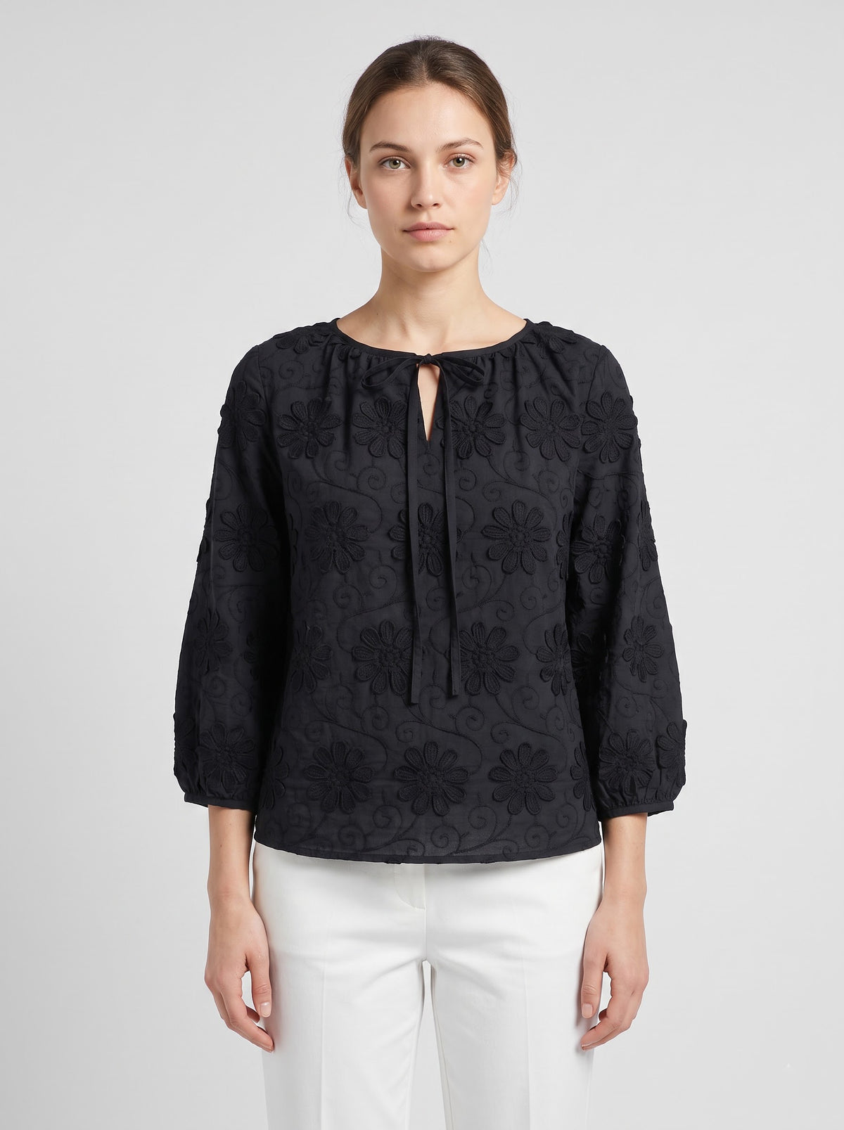 Women Black 3D Floral Embroidered Front tie-up Top