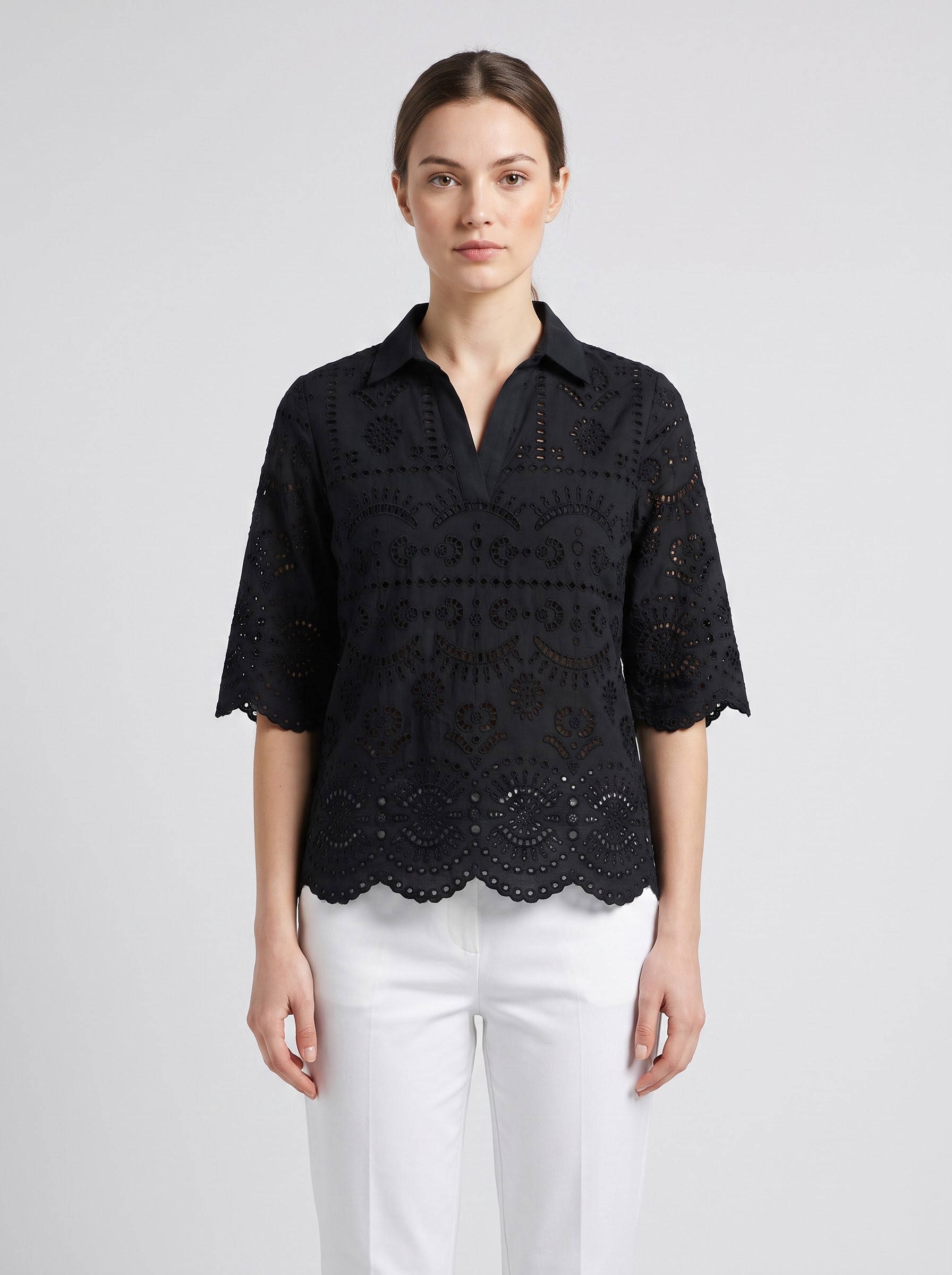 Women Black Schiffli Embroidered Regular Fit Top