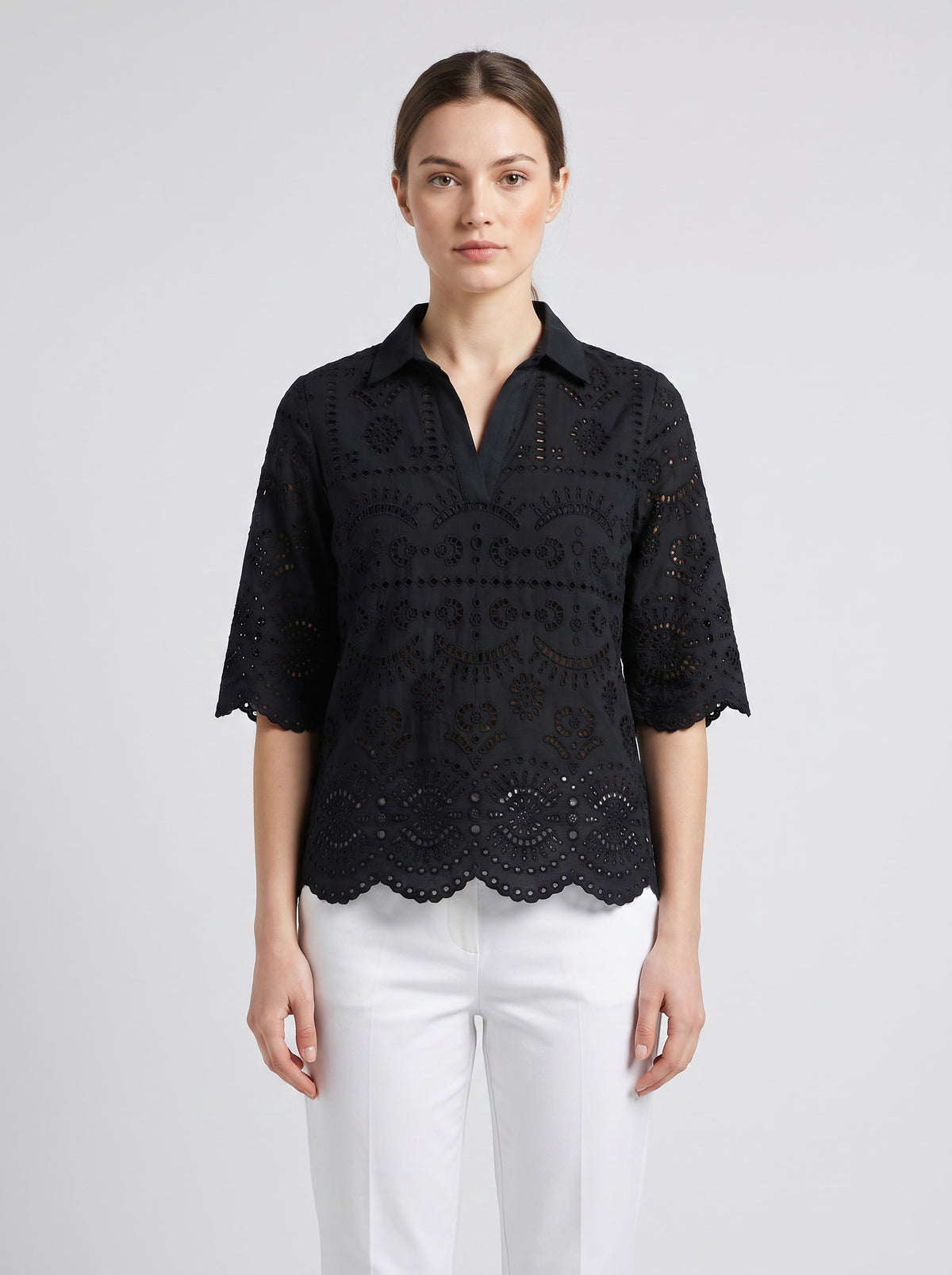Women Black Schiffli Embroidered Regular Fit Top