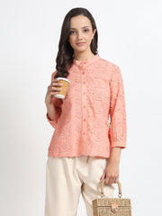 Women Peach Textured Embroidery 3/4 Sleeve Shirt
