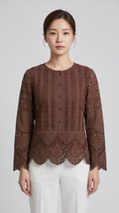 Women Brown Lace Embroidered Button-Front Top with Scalloped