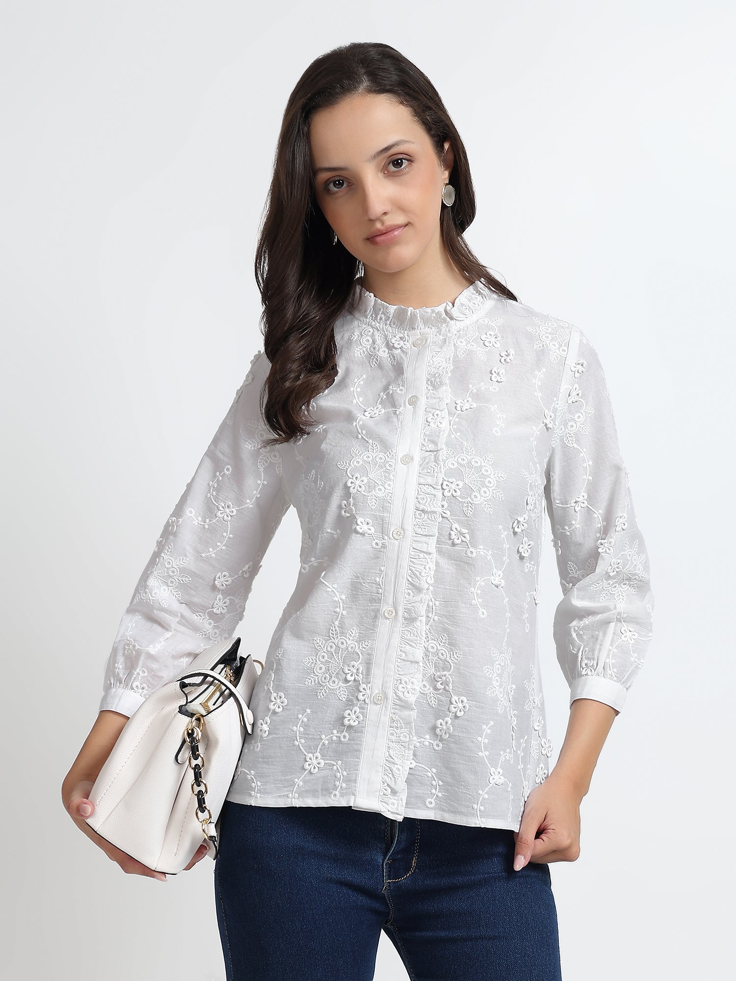 Women White Floral Embroidered Ruffle Neck Shirt